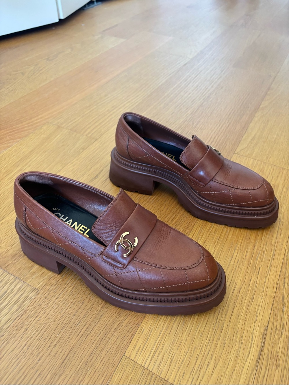 CHANEL Chestnut Brown Leather Penny Loafers with Gold CC Emblem - Picture 5 of 9